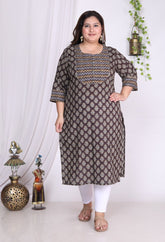 Plus Size Brown Cotton Floral Print Straight Kurta-100005